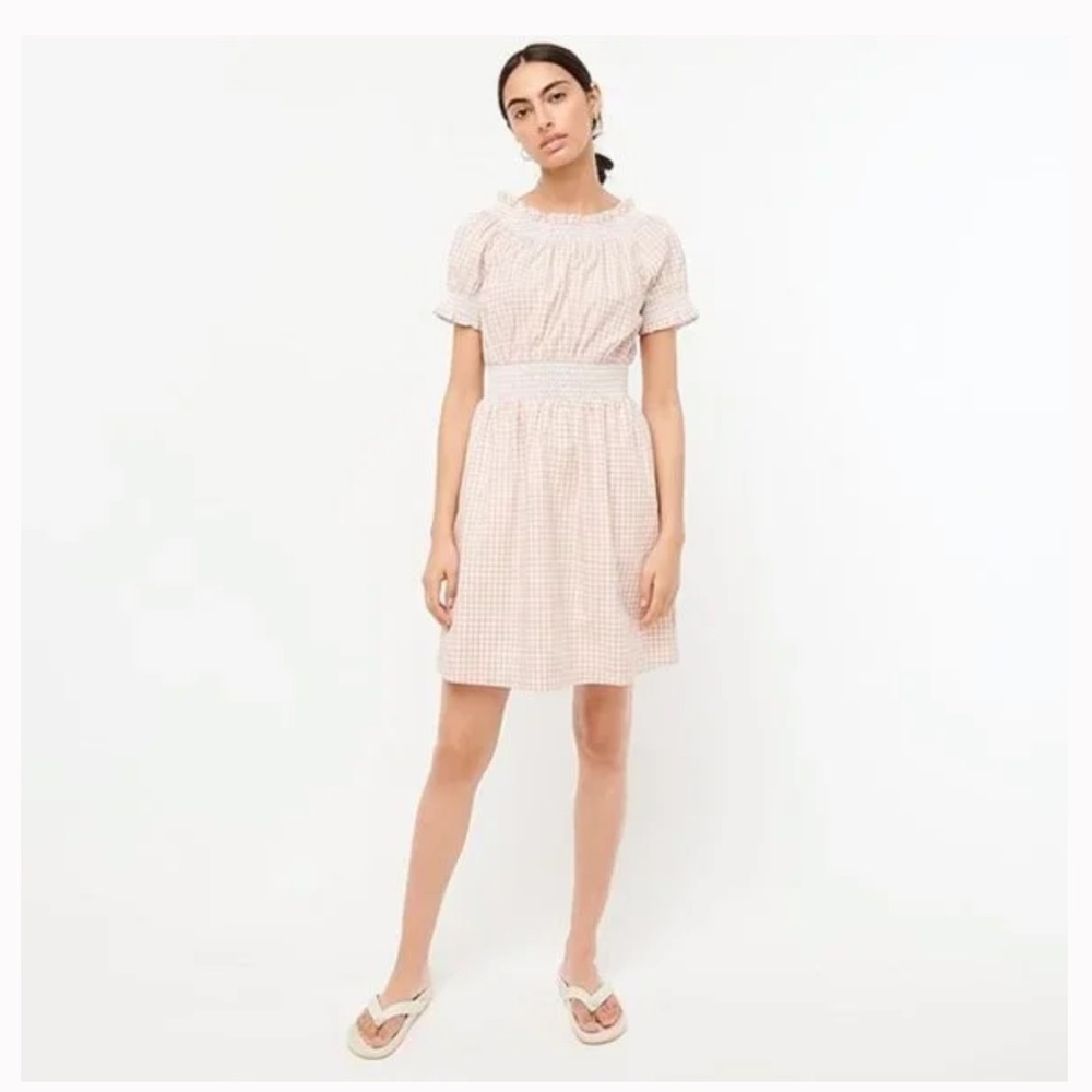 J. Crew Smocked Puff-Sleeve Cotton Poplin Dress in Gingham, Size S